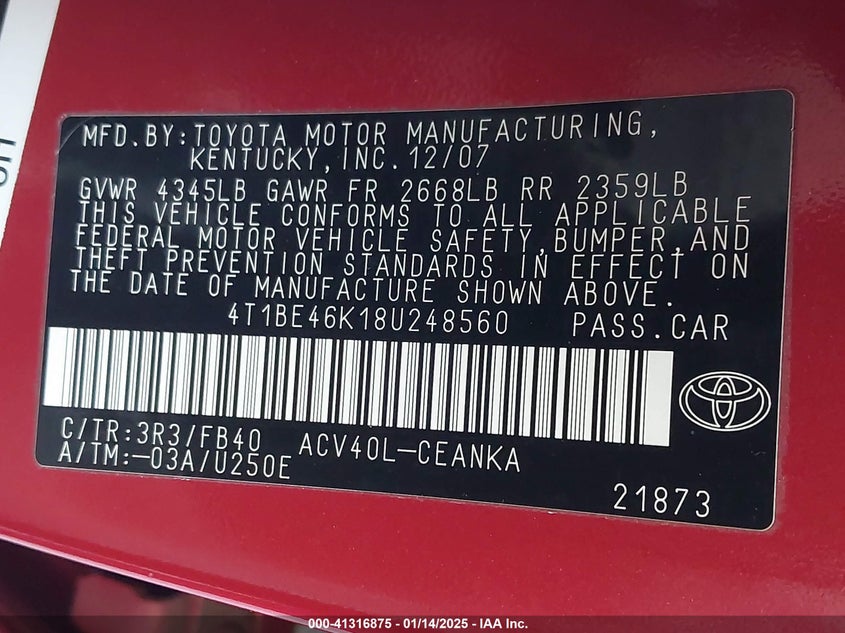 2008 TOYOTA CAMRY VIN: 4T1BE46K18U248560