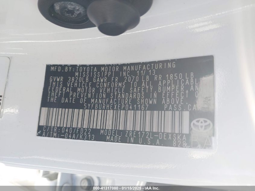 2014 TOYOTA COROLLA L/LE/LE PLS/PRM/S/S PLS - 5YFBURHEXEP041167