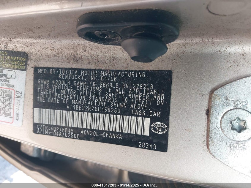 2006 TOYOTA CAMRY VIN: 4T1BE32K76U158360