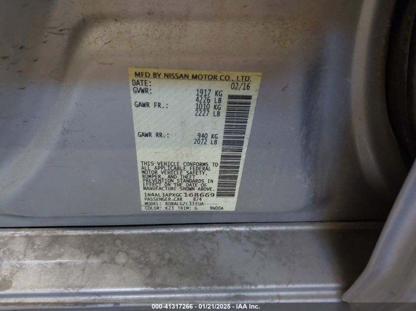 2016 Nissan Altima 2.5/2.5 S/2.5 Sl/2.5 Sr/2.5 Sv VIN: 1N4AL3APXGC168669 Lot: 41317266