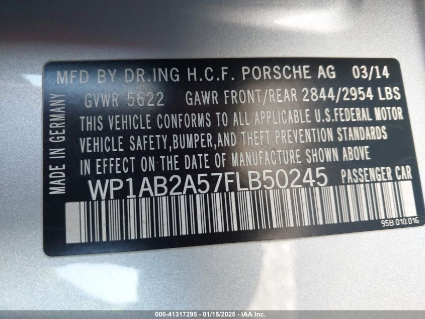 2015 Porsche Macan S VIN: WP1AB2A57FLB50245 Lot: 41317295