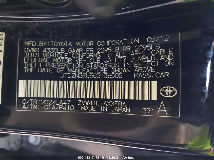 2012 TOYOTA PRIUS V VIN: JTDZN3EU5C3136505