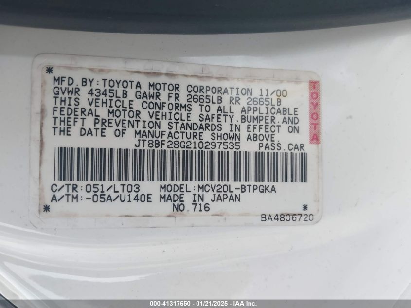 2001 Lexus Es 300 VIN: JT8BF28G210297535 Lot: 41317650