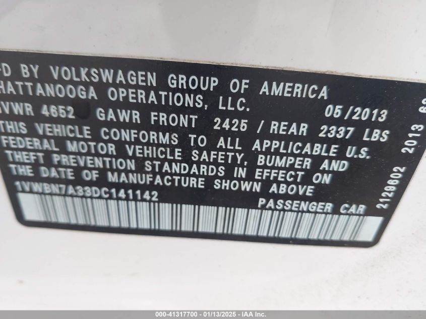 VIN 1VWBN7A33DC141142 2013 Volkswagen Passat, 2.0L... no.9