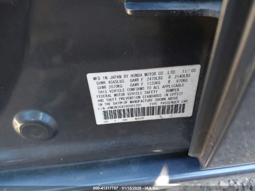 2006 Honda Accord Hybrid VIN: JHMCN36426C001201 Lot: 41317757