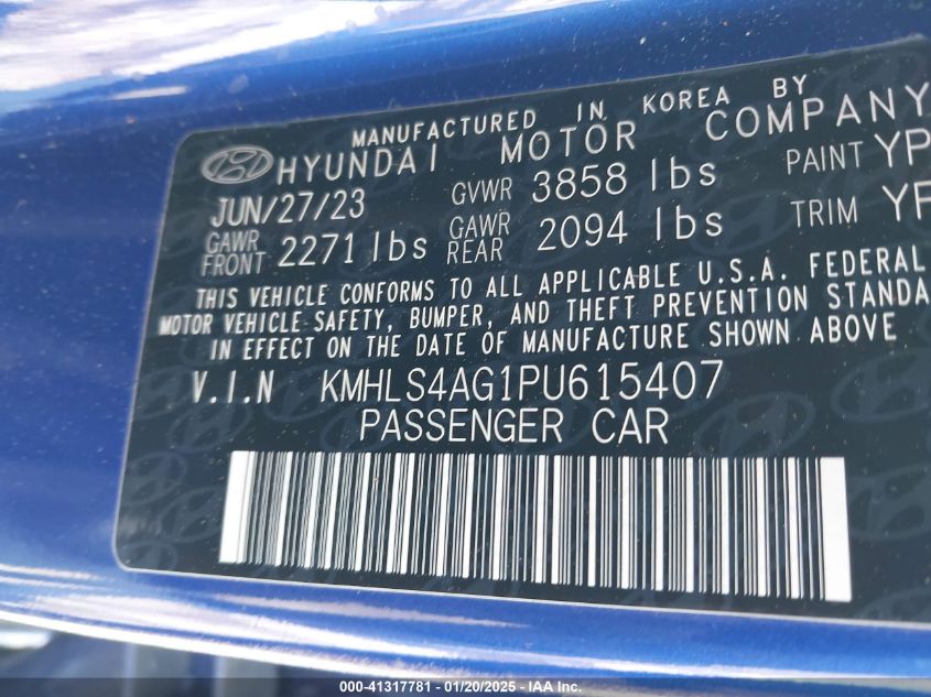 2023 Hyundai Elantra VIN: KMHLS4AG1PU615407 Lot: 41317781