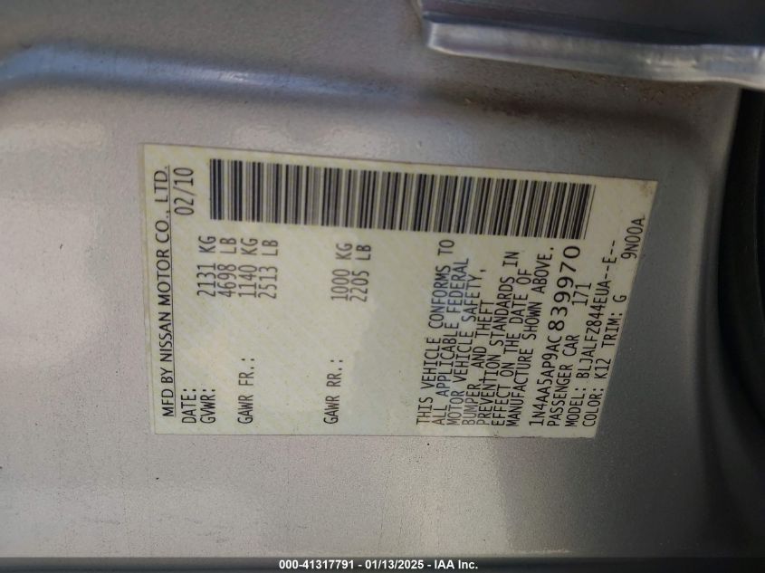 2010 Nissan Maxima 3.5 Sv VIN: 1N4AA5AP9AC839970 Lot: 41317791