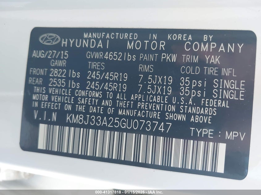 2016 HYUNDAI TUCSON VIN: KM8J33A25GU073747