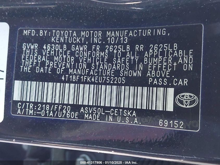 VIN 4T1BF1FK4EU752205 2014 Toyota Camry, SE no.9