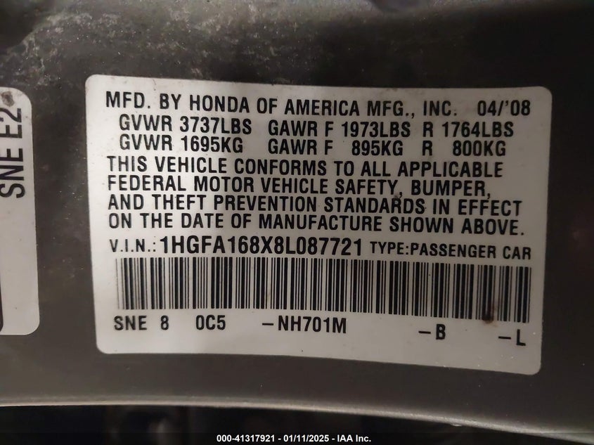 2008 HONDA CIVIC VIN: 1HGFA168X8L087721
