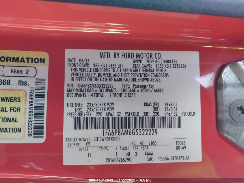 2016 Ford Mustang V6 VIN: 1FA6P8AM6G5322229 Lot: 41317949