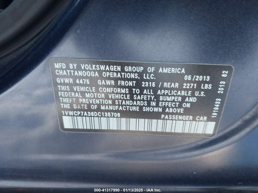 2013 Volkswagen Passat 2.5L Sel Premium VIN: 1VWCP7A36DC135706 Lot: 41317990