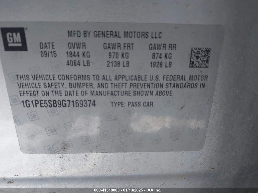 2016 CHEVROLET CRUZE LIMITED VIN: 1G1PE5SB9G7169374