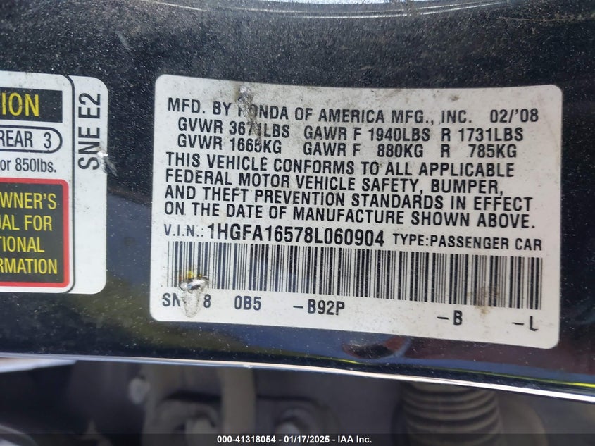 2008 HONDA CIVIC VIN: 1HGFA16578L060904