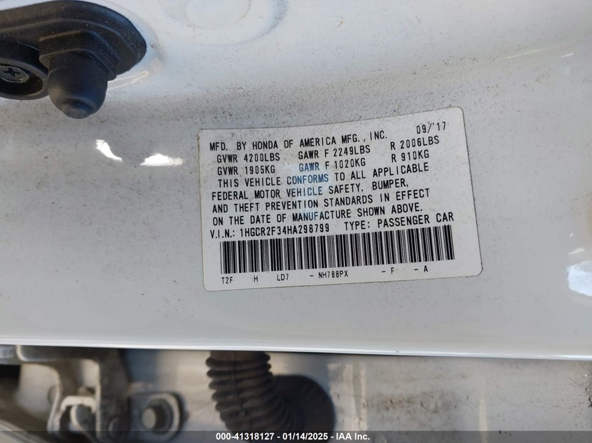 2017 HONDA ACCORD VIN: 1HGCR2F34HA298799