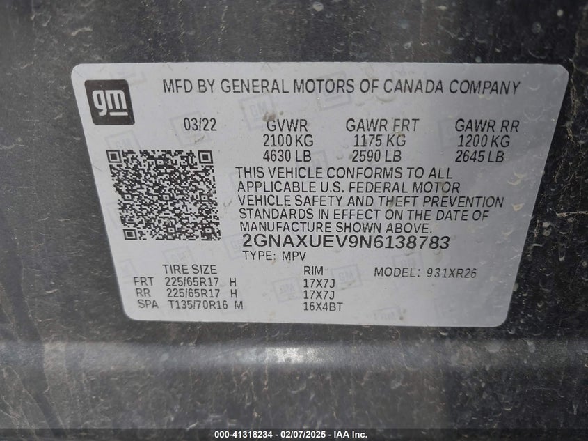 2022 CHEVROLET EQUINOX VIN: 2GNAXUEV9N6138783