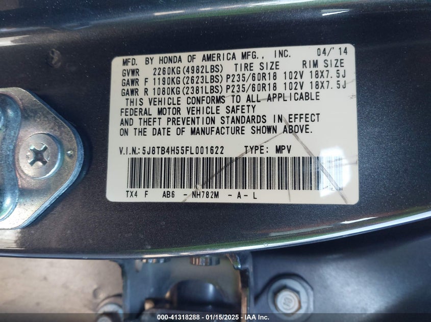 2015 ACURA RDX VIN: 5J8TB4H55FL001622