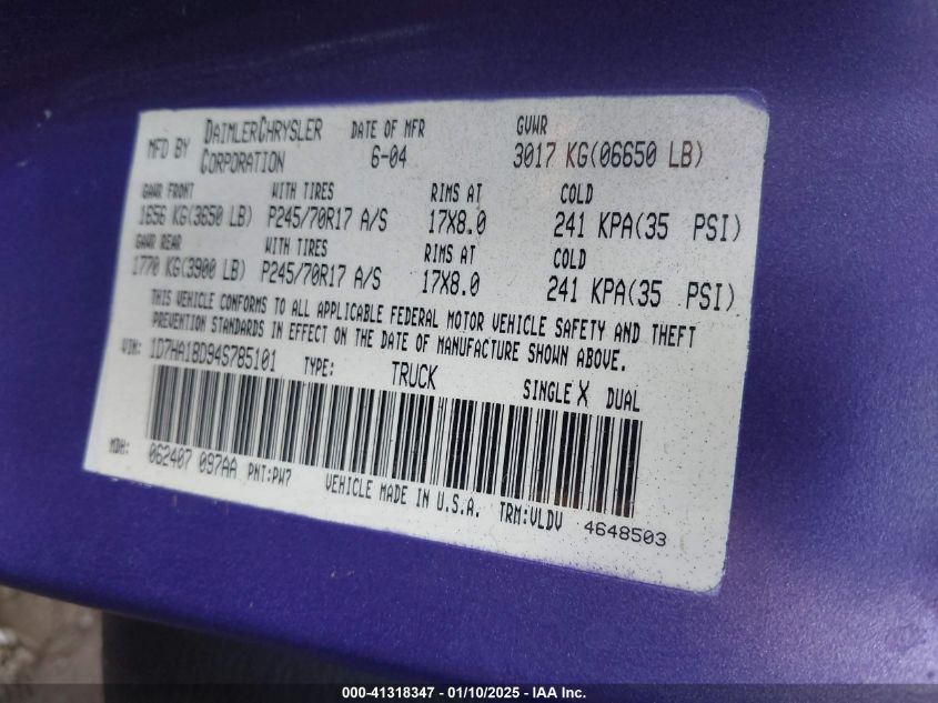 2004 Dodge Ram 1500 Slt/Laramie VIN: 1D7HA18D94S785101 Lot: 41318347