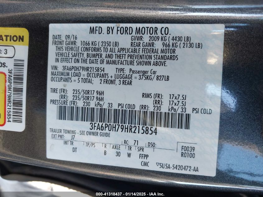 VIN 3FA6P0H79HR215854 2017 Ford Fusion, SE no.9