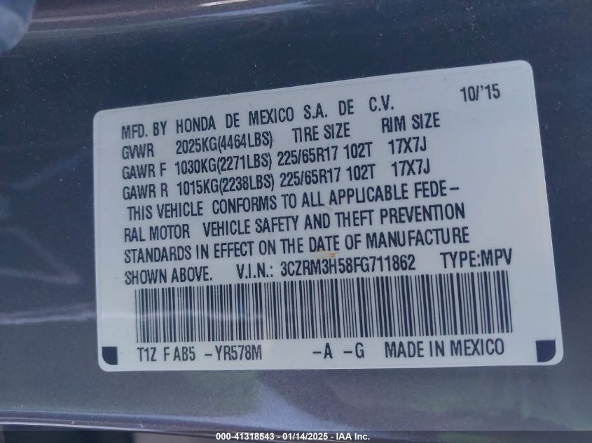 VIN 3CZRM3H58FG711862 2015 Honda CR-V, EX no.9