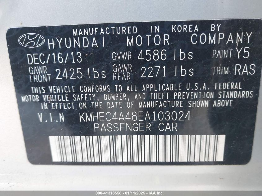 VIN KMHEC4A48EA103024 2014 HYUNDAI SONATA HYBRID no.9