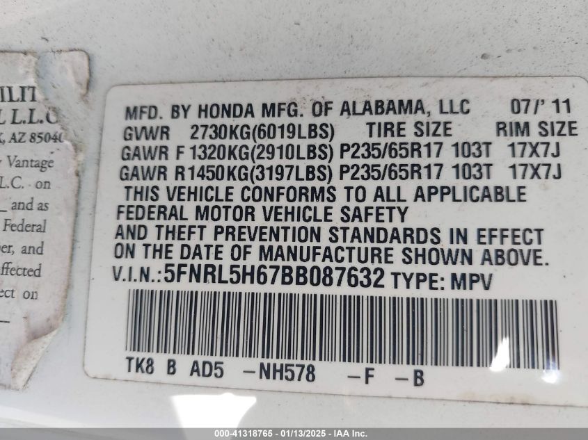 2011 Honda Odyssey Ex-L VIN: 5FNRL5H67BB078632 Lot: 41318765