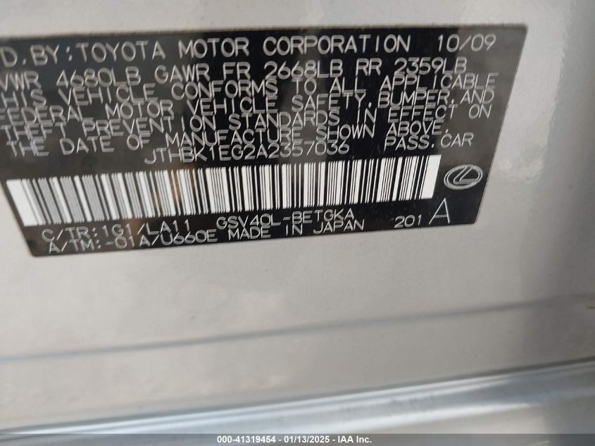 2010 Lexus Es 350 Base (A6) VIN: JTHBK1EG2A2357036 Lot: 41319454