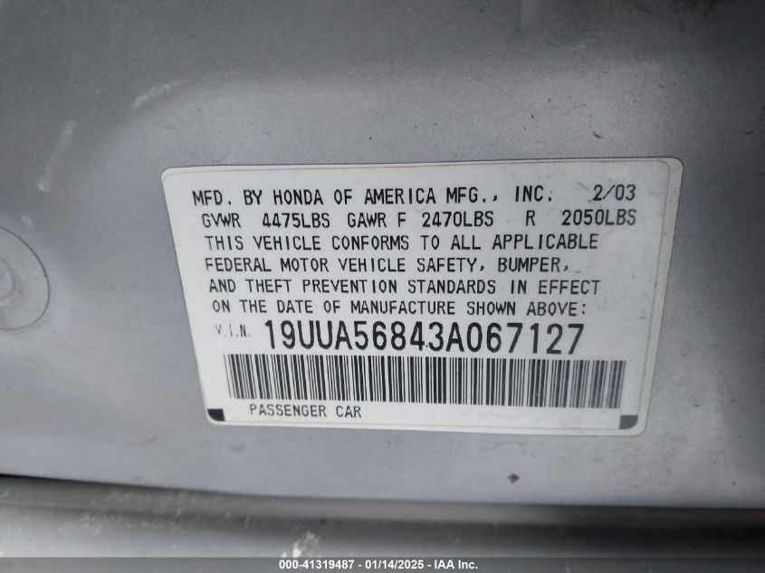 2003 Acura Tl 3.2 Type S VIN: 19UUA56843A067127 Lot: 41319487