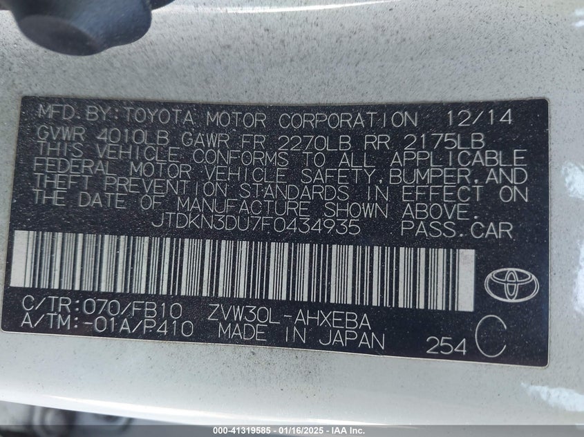 2015 TOYOTA PRIUS VIN: JTDKN3DU7F0434935