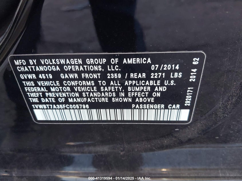 2015 VOLKSWAGEN PASSAT VIN: 1VWBT7A35FC005796