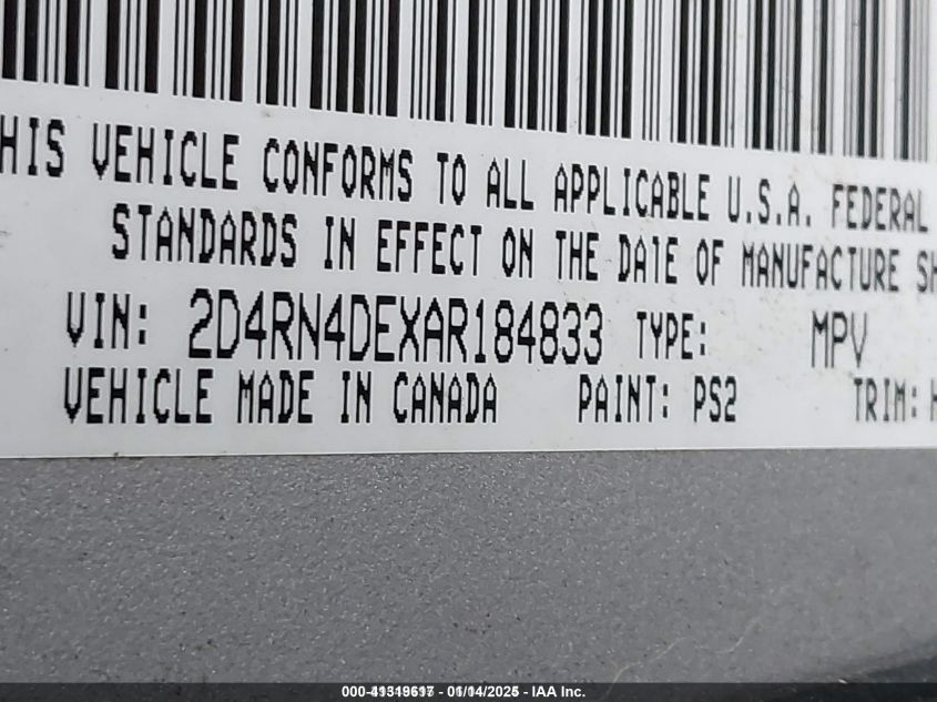 2010 Dodge Grand Caravan Se VIN: 2D4RN4DEXAR184833 Lot: 41319617