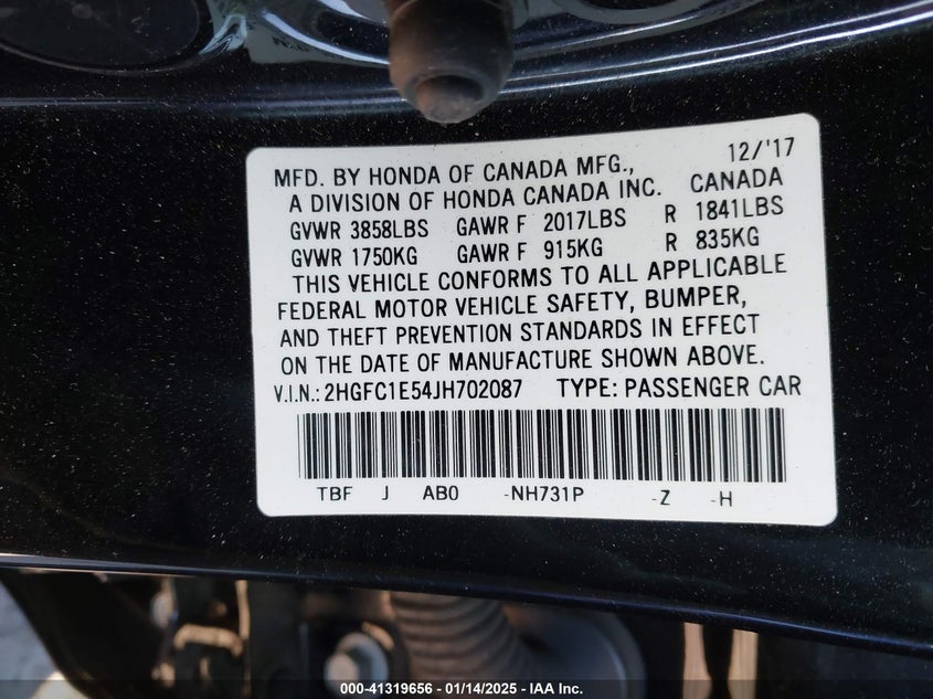 2018 HONDA CIVIC VIN: 2HGFC1E54JH702087