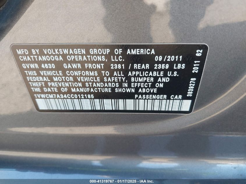 2012 Volkswagen Passat 3.6L V6 Sel Premium VIN: 1VWCM7A34CC012185 Lot: 41319767