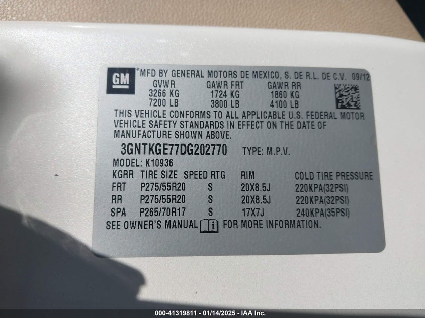 2013 CHEVROLET AVALANCHE VIN: 3GNTKGE77DG202770