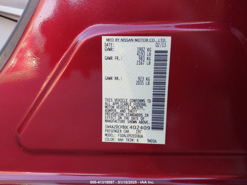 2013 NISSAN LEAF VIN: 1N4AZ0CP8DC402409