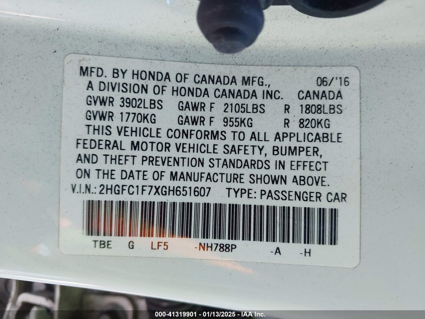 2016 HONDA CIVIC VIN: 2HGFC1F7XGH651607
