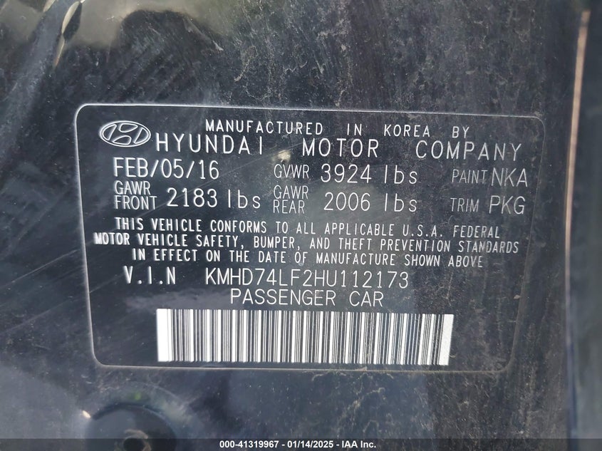 VIN KMHD74LF2HU112173 2017 HYUNDAI ELANTRA SE