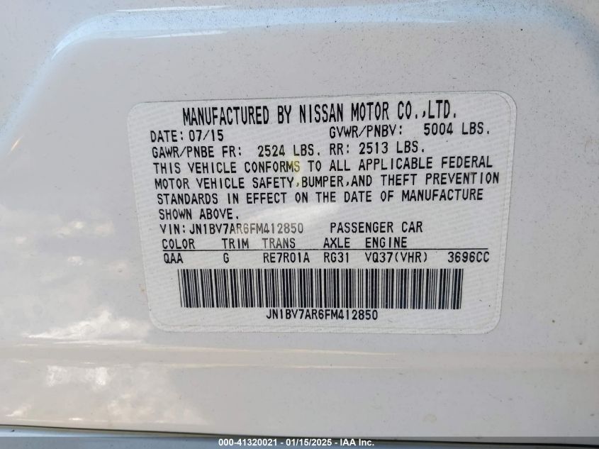 2015 Infiniti Q50 Premium VIN: JN1BV7AR6FM412850 Lot: 41320021