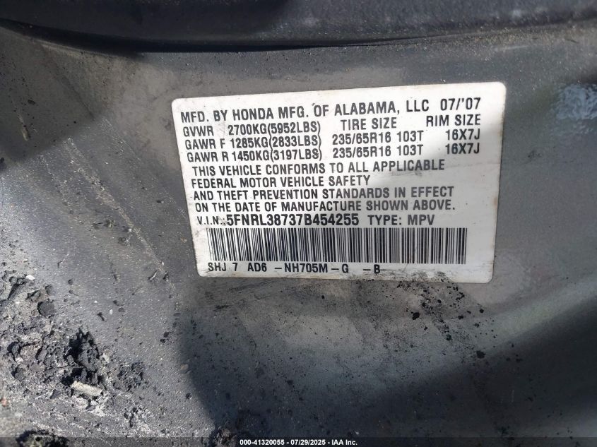 2007 Honda Odyssey Ex-L VIN: 5FNRL38737B454255 Lot: 41320055