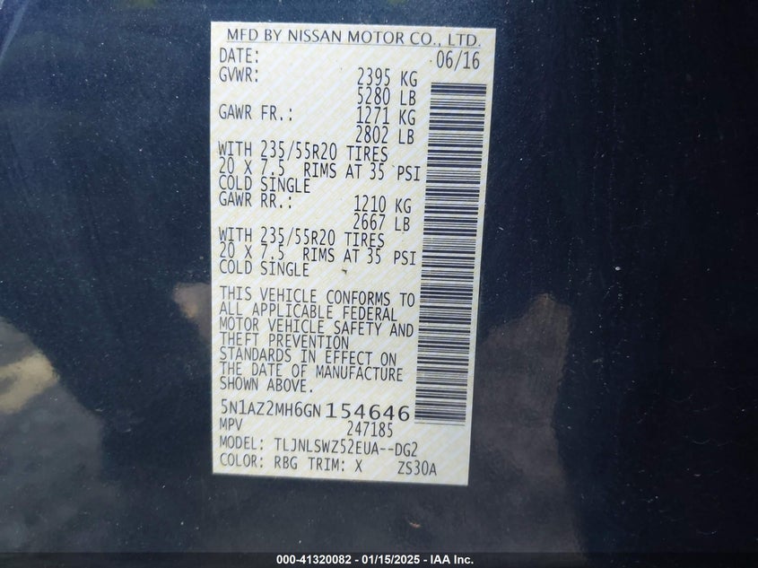 2016 NISSAN MURANO S/SL/SV/PLATINUM - 5N1AZ2MH6GN154646