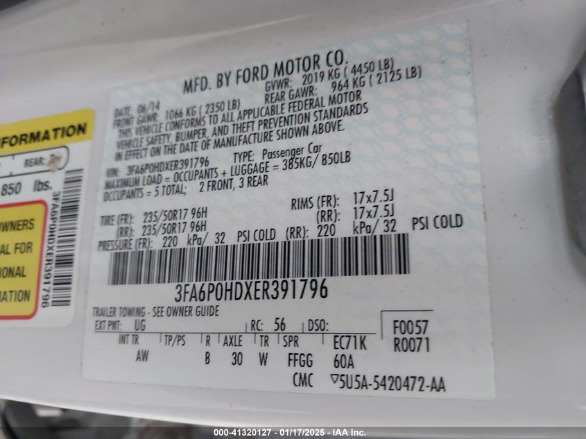 2014 FORD FUSION VIN: 3FA6P0HDXER391796