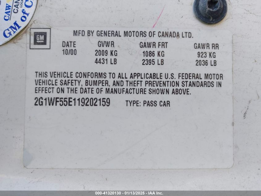 2001 Chevrolet Impala VIN: 2G1WF55E119202159 Lot: 41320130