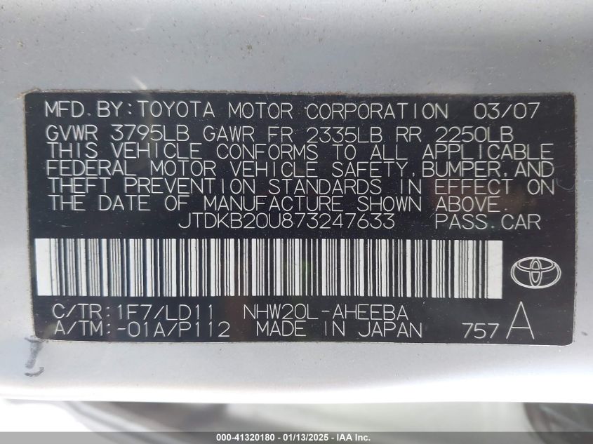 2007 Toyota Prius VIN: JTDKB20U873247633 Lot: 41320180