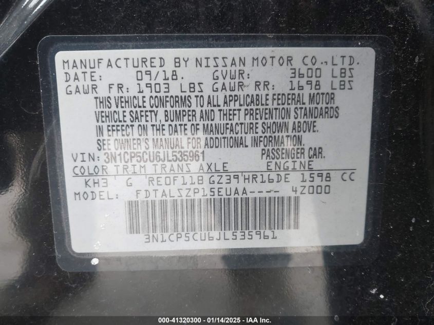 2018 Nissan Kicks Sv VIN: 3N1CP5CU6JL535961 Lot: 41320300