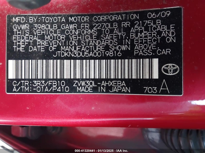 2010 TOYOTA PRIUS VIN: JTDKN3DU5A0019816