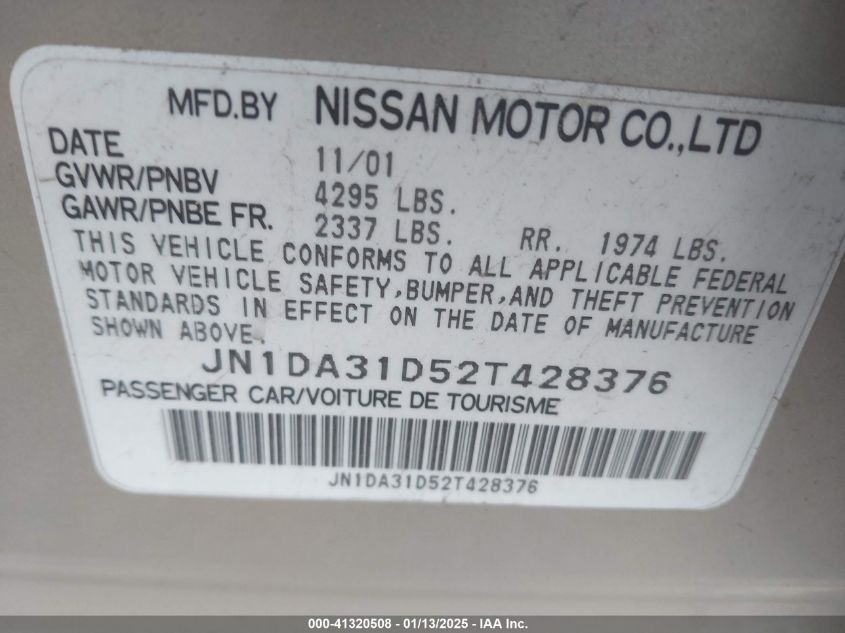 2002 Nissan Maxima Se VIN: JN1DA31D52T428376 Lot: 41320508