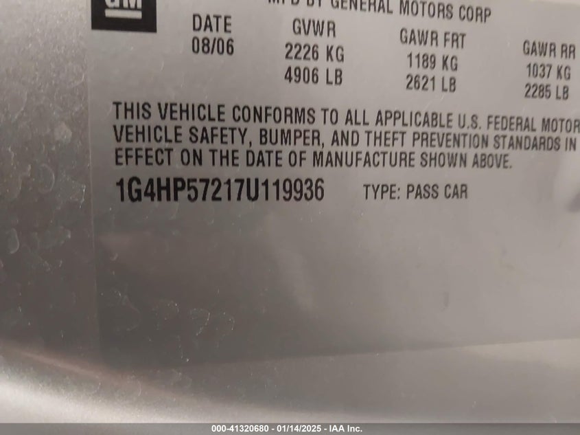 2007 BUICK LUCERNE VIN: 1G4HP57217U119936