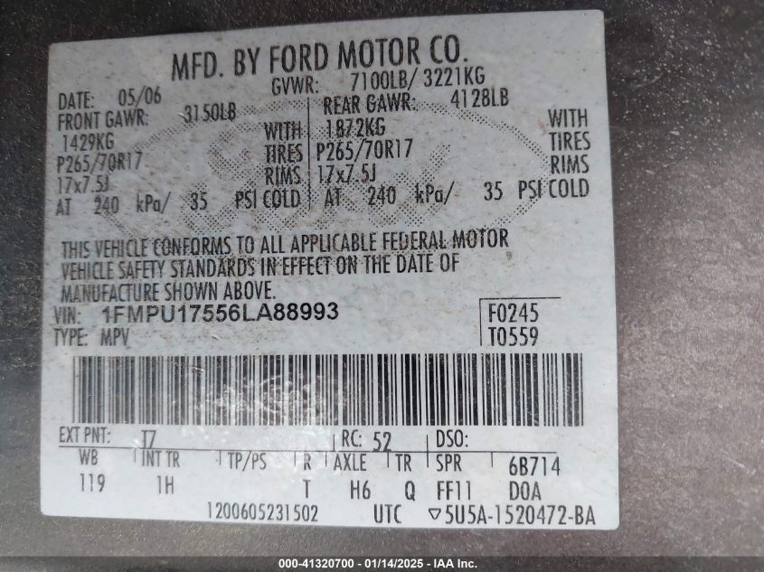 2006 Ford Expedition Eddie Bauer VIN: 1FMPU17556LA88993 Lot: 41320700