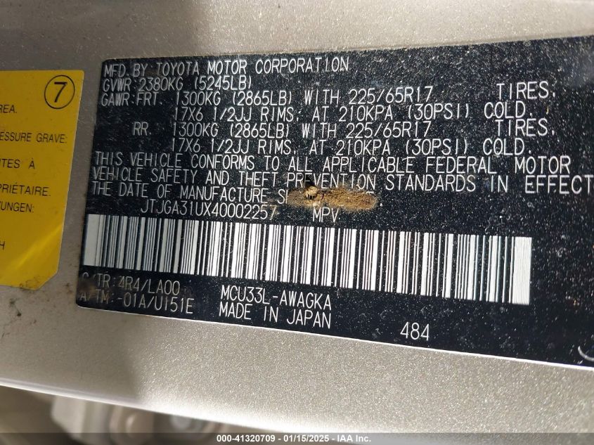 2004 Lexus Rx VIN: JTJGA31UX4000257 Lot: 41320709