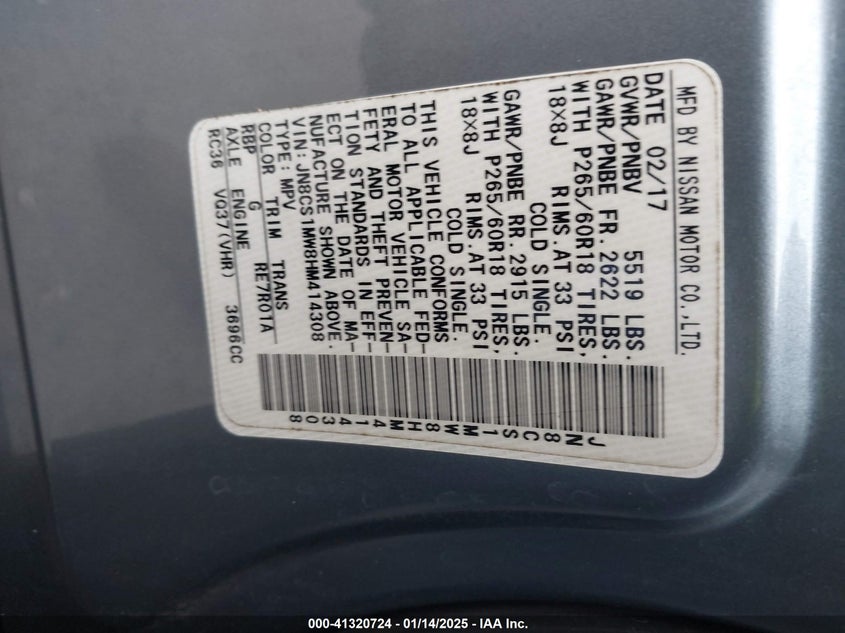VIN JN8CS1MW8HM414308 2017 INFINITI QX70
